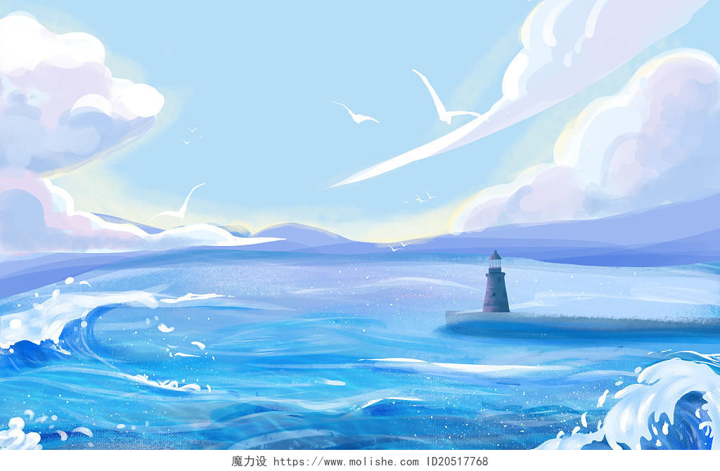 夏天海浪大海海鸥天空云朵意境插画类横版